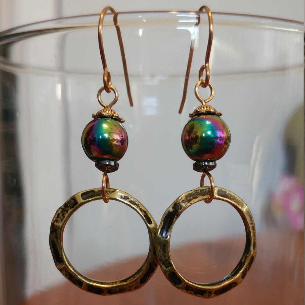 Handmade Gold Brass Rainbow Hematite Hoop Earrings